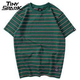 Harajuku Stripe T Shirt Men Casual T-Shirt Short Sleeve Summer Hip Hop Tshirt Streetwear Tops Tees Black White Green 210707