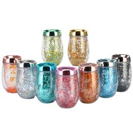 10oz Glitter Wine Tumbler Double Wall Plastic Glass Mugs Straw Egg Ice Cold Drink Coffee Juice Tea Cup ZYY842