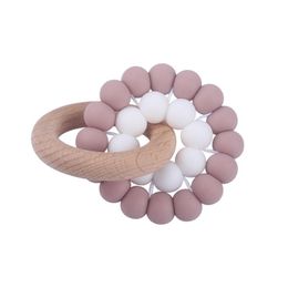 Natural Wooden Ring Teethers for Baby Health Care Accessories Infant Fingers Exercise Toys Colourful Silicone Beaded Soothers