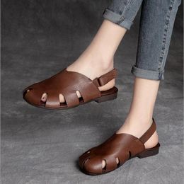 Fashion Summer Vintage Genuine Leather Low Heel Sandals For Women 2021 Hook And Loop Breathable Flat Casual Wom