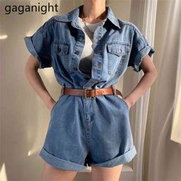 Summer Denim Short Jumpsuit Women Sashes Pockets Sleeve Bodycon Rompers Wide Leg Palysuits Jeans Overalls 210601