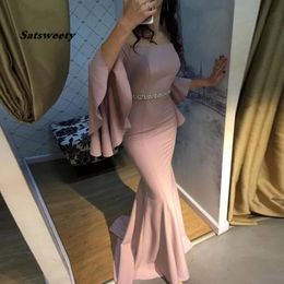 Mermaid Evening Dress Strapless Flare Sleeves Beaded Sashes Mother of the Bride Prom Gown Formal Party Dresses 2021