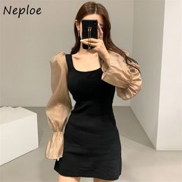 Panelled Mesh Patchwork Fake Two-piece Dress Flare Sleeve Slim Fit Vestidos Autumn Sexy Bodycon Dresses Women 210422