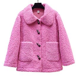 Donna Fucsia Verde Blu Rosa Beige Teddy Giacca in lana d'agnello Colletto rovesciato Tasca con bottoni Cappotto allentato Inverno C0313 210514