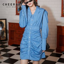 Autumn Puff Sleeve Blue Ruched Dress Women Bodycon Long Tunic Button Up Collar Mini Designer Fashion 210427