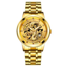 Fashion Calendar Mens Watch Steel Belt Nonmechanical Business Waterproof Square Diamond Chinese Dragon Watchs