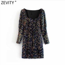 Zevity Women Vintage Square Collar Pleat Puff Sleeve Sequined Velvet Mini Dress Femme Chic Casual Slim Party Vestido DS4892 210603