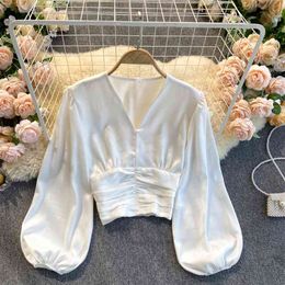 Women's Fashion V Neck Fold Slim Long Sleeve Short Tops Spring White Black Casual Shirts Clothes Blouse Q991 210527
