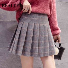 Autumn Winter Women Woolen Vintage Plaid Pleated Skirts High Waist A-Line Sexy Mini Ladies Skater Skirt 210428