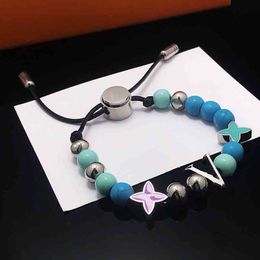 Natural Stone Turquoise Braided Adjustable Rope Chain Handmade Bracelet Women Four-leaf Clover Letter Beaded Jewelry