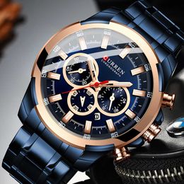 Curren Luxury Man Sporty Watches Casual Quartz Stainless Steel Band Classic Chronograph Wristwatches for Men Blue Clock Q0524