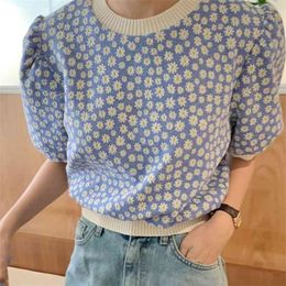 Summer Korean Chic O-neck Thin Knitted Pullover Sweater Mujer Women Floral Loose Casual Puff Sleeve Sweet Crop Top Femme 210514