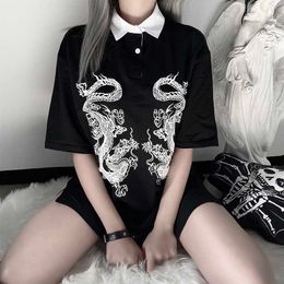 Summer Female Punk Steetwear Loose Vintage Dragon Gothic Cotton Lapel tees Black Large Size Harajuku Short Sleeve T-Shirt 210608