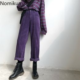 Nomikuma Vintage Corduroy Purple Pants Women Solid Colour High Waist Trousers Casual Fashion Straight Pantalones Mujer 3c691 210514