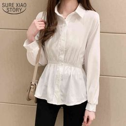 Autumn Korean Style All-match Waist Hugging Slim Women's Shirts Medium Length Long Sleeve White Shirt Top Female 11676 210508