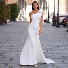 Elegant Bowknot One Shoulder Mermaid Wedding Dress For Bride 2022 Simple Bride Dresses Ivory Satin Long Bridal Formal Reception Gowns Robe de mariée