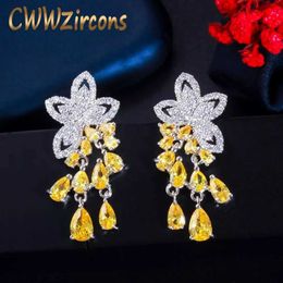 Symmetrical Leaf Shape Tassel Water Drop Yellow CZ Topaz Silver Dangle Earrings for Women Korean Party Jewellery CZ788 210714