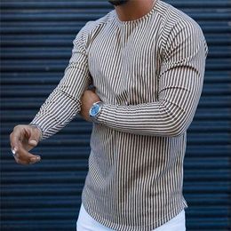 Mens T Shirts Casual Long Sleeve Plaid Printing Autumn Fashion O Neck Pullover Tops Spring New Striped Tee Streetwear