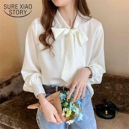 Loose Korean Tops Spring Satin Chiffon Blouse Women Fashion Blue Long Sleeve Shirt White Office Lady Clothes with Bow 10691 210323