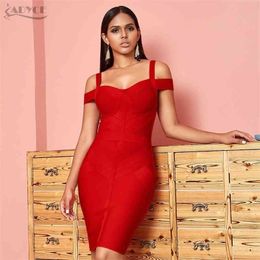 ADYCE Off Shoulder Bodycon Bandage Dress Women Sexy Red Spaghetti Strap Knee Length Club Celebrity Evening Runway Party Dresses 210325