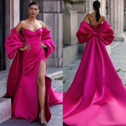 Modern Fuchsia Long Mermaid Evening Dresses With Back Big Bow Train Side Slit Sweetheart Night Prom Dress Formal Party Gowns Runway Pageant Wear Vestidos De Festa