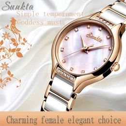 SUNKTA Rose Gold Ladies Ceramic Watch Women Top Brand Luxury Watch Fashion Simple Waterproof Women Watches Relogio Feminino 210517