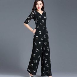 Summer Jumpsuit for Women Party High Street Rompers Chiffon Floral Elegant Black Wide Leg Full Length Suit Plus Size 4XL 210625