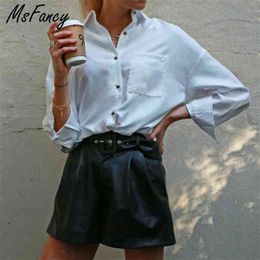 Msfancy Black Leather Shorts Women High Waist Wide Pantalones Cortos de Mujer Sexy Booty With Belt MP001 210719