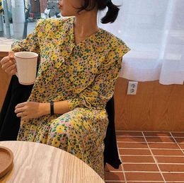 Spring and Autumn Women's Vintage Chiffon Maxi Dress Loose Kawaii Lapel Long Sleeve Printed Femme Robe 210514