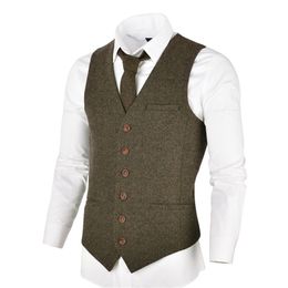 VOBOOM Wool Tweed Mens Waistcoat Single-breasted Herringbone Slim Fitted Suit Vests 007 210923