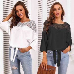 Casual Lace Hollow Out Patchwork Chiffon Blouse T Shirt Spring Summer for Women Long Sleeves Round Neck Lace-up Loose Streetwear 210604