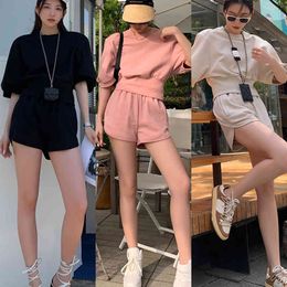 Summer Women Casual Two Pieces Cotton Sets Short Sleeve High Waist Sweatshirt Tracksuit Suits Short Pants Solid Outfits 210515