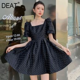 DEAT Women Black Patchwork Bow A-line Backless Dress New Square Neck Short Puff Sleeve Loose Fit Fashion Tide Summer 7E0880 210428