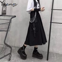 High Waist Loose A-line Cargo Skiets chain Side Ring Pocket Midi Long Black Skirt Korean Hip Hop Streetwear Harajuku OverSize 210721