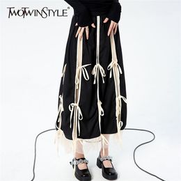 Hit Colour Midi Skirt For Women High Waist Patchwork Bow Mesh Vintage Skirts Female Fashion Clothing 210521