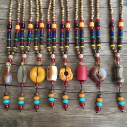 Pendant Necklaces Retro Ethnic Style Long Necklace Cotton Linen Clothing Handmade Wood Beads Men Women'S Jewellery