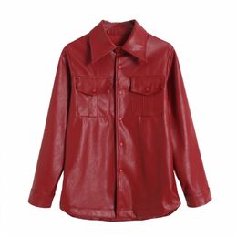 Women PU Motor Jackets Coats Summer Long Sleeve Pocket Single Breasted Solid Red Female Street Jacket Outerwear Clothing 210513