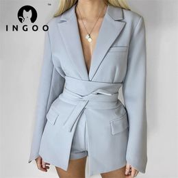 INGOO Lace Up Waist Long Sleeve Lapel Blazers Suit Women Solid Elegant Office Ladies Casual Jacket Coat Fashion Street Outwear 211006