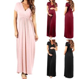 Solid Color Maternity Dresses V-Neck Short Sleeve Dresses Elasticity Casual Nursing Clothes Summer Clothes For Women Robe Femme Q0713