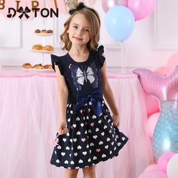 DXTON Kids Summer Dress For Girls 2020 Baby Girls Dress With Flare Sleeve Bow Princess Dress Butterfly Sequin Children Clothing Q0716