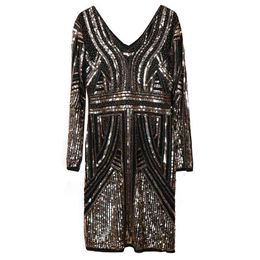 Elegant Club Party V Neck Black Gold Sequined Bling Long Sleeve Halter Mini Evening Dress Autumn Spring D2199 210514