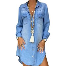 Women Summer Denim Dress Elegant Fashion Button Decorated Loose Full Length Regular Sleeve Turn-down Collar 210522