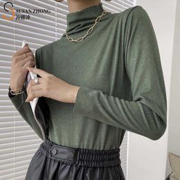 -Mulheres t-shirt fêmea tops elegante escritório básico outono inverno jersey algodão altamente troca de alta tartaruga de tartaruga longa manga longa cores quentes x0628