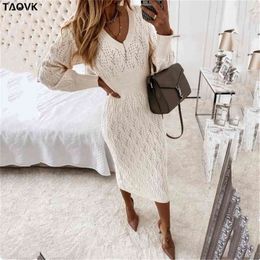 TAOVK Women's Solid color Costume Knitted V-neck Hollow Lantern Sleeve Knit Dress 201025