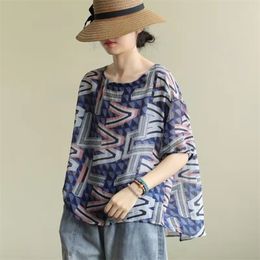 Arrival Summer Women Casual Loose Short Sleeve Print Chiffon Blouse All-matched O-neck Shirts Big Size W178 210512