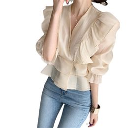 Spring Shirts For Women Korean Style Elegant Chiffon Shirt Puff Sleeves Slim Apricot Blouse Female LR1238 210531