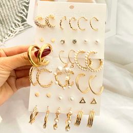 FNIO Vintage Gold Geometric Women Fashion Tassel Crystal Pearl Set of Hollow Square Earrings Jewelry Gifts