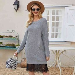 knitted lace sweater dress women casual long sleeve grey straight midi autumn winter basic vestidos 210427