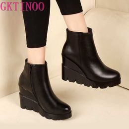 2021 autumn winter soft leather platform high heels girl wedges ankle boots shoes for woman fashion boots women Size 34-40 Y0914