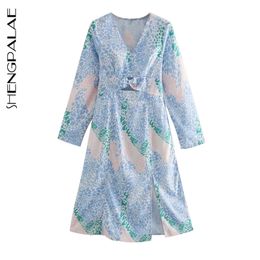 V-neck Contrast Colour Printed Dress Women's Spring Fashion Hollow Out Long Sleeve Knee-length Dresses 5A733 210427